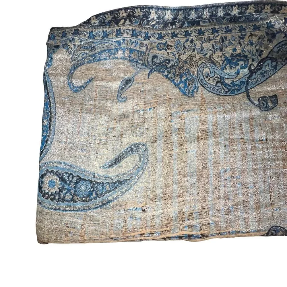 Paisley metallic‎ blue, gold fringe shawl scarf, sarong bohemian GypsyGoth